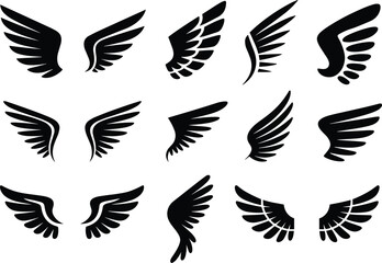 Obraz premium Black angel wings silhouettes collection, bird wings vector illustration set for tattoo, logo and emblem design, isolated minimalist graphic elements