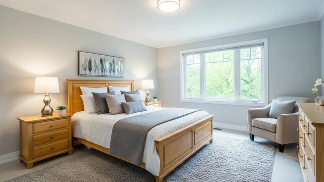 Cozy modern bedroom interior with wooden furniture