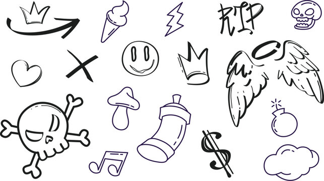 street art graffiti spray doodle symbols with hearts skulls angel wings crowns and arrows in hand drawn black paint style stock illustration