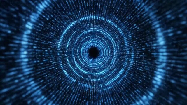 Exploring a digital tunnel of blue lights moving in circular patterns at high speed