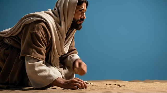 Jesus Kneeling in the Desert Writing in the Sand.