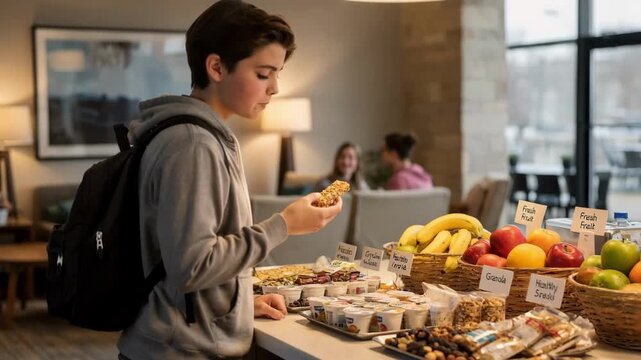 Focused shot of a snack bar counter with a teen selecting healthy snacks the cozy lounge environment softly out of focus behind them.