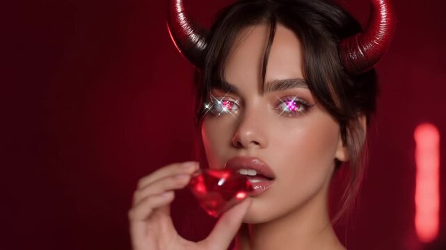 A young woman in the image of a devil demonstrates a ruby stone, sparkling with her ruby pupils. 