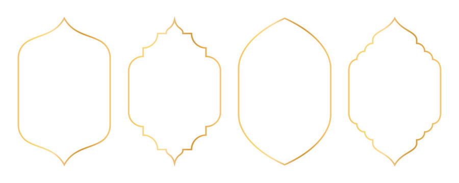 Islamic golden frames collection. Traditional Arabic door and window frames. Oriental mosque arch in luxury style. Set of outline Arabic golden frames and windows with Islamic patterns. Vector