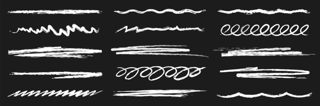 Set of chalk lines and scribbles with realistic wax crayon texture. Hand-drawn chalk brush strokes with rough grunge texture. Chalk brush strokes, lines for highlighting and underlining text. Vector