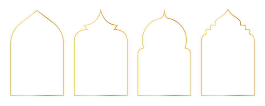 Islamic golden frames collection. Traditional Arabic door and window frames. Oriental mosque arch in luxury style. Set of outline Arabic golden frames and windows with Islamic geometric patterns