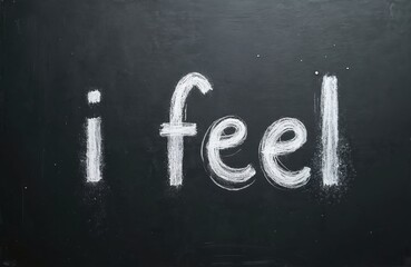 Fototapeta premium Words i feel written with white chalk on dark blackboard. Simple text conveys personal emotions or states. Basic statement about internal feelings.