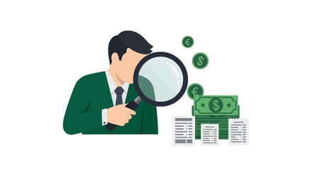 Businessman analyzing financial documents and money