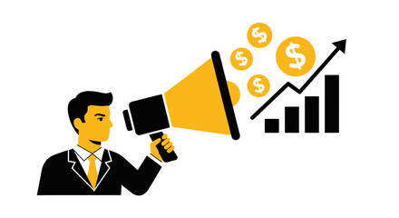 Businessman announcing profit growth with megaphone