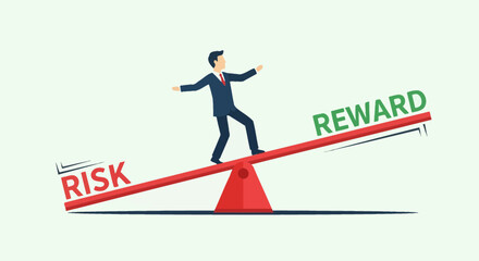 Businessman balancing risk and reward on a seesaw