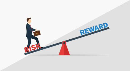 Businessman Balancing Risk and Reward on a Seesaw