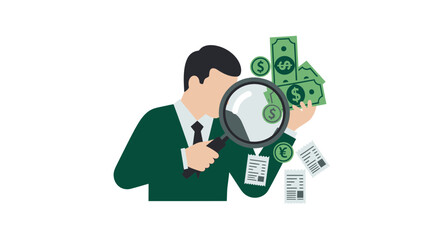 Businessman investigating money with magnifying glass