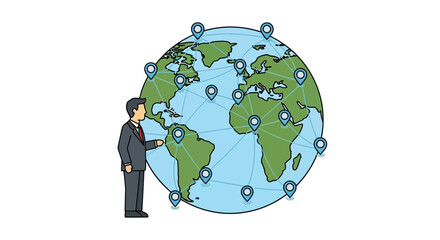 Businessman presenting global map with pins