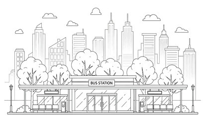 Naklejka premium A black and white line drawing of a city street with a restaurant and trees