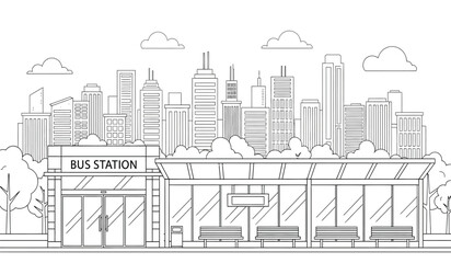 A black and white line drawing of a city skyline with a bus station in the foreground © rsvect02