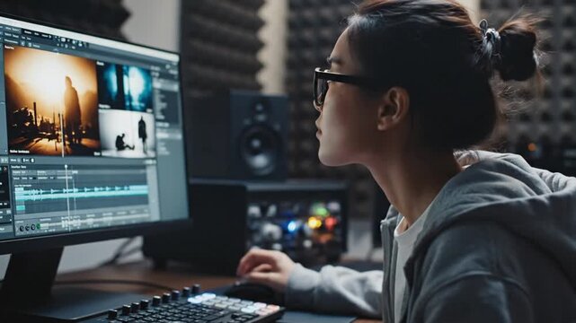 Editing music videos in a studio with a female editor and computer screen in focus