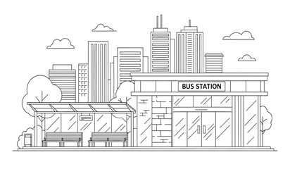 Naklejka premium A black and white line drawing of a bus station with buildings and trees