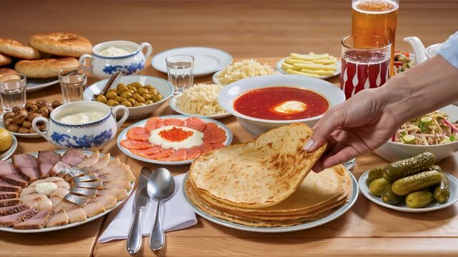 An authentic Russian feast on a wooden table featuring a bowl of red borsch with sour cream a stack of blini pancakes smoked salmon and herring
