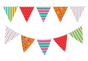 Bunting flags set with colorful stripes and polka dots pattern for party celebration decoration