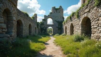 Fototapeta premium Ancient castle ruins stand against blue sky with clouds. Overgrown stone walls and arches line a dirt path through green grass. Nature reclaims the old fortress.