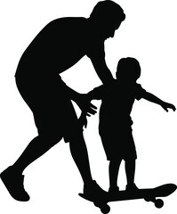 Father teaching child to skateboard silhouette illustration showing parenting support, learning balance and outdoor family bonding moment, black vector design for lifestyle conceptsv