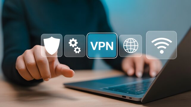 VPN, Virtual private network protocol concept. Person use laptop with VPN icon on virtual screen for connect to VPN network. 
