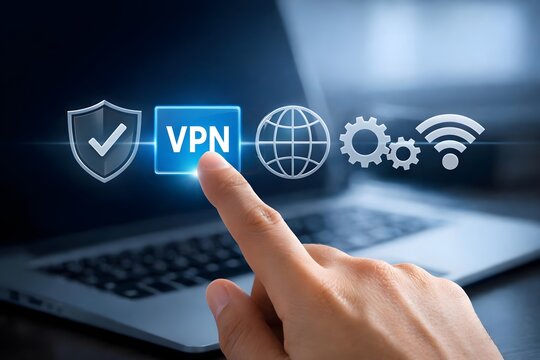 VPN, Virtual private network protocol concept. Person use laptop with VPN icon on virtual screen for connect to VPN network. 