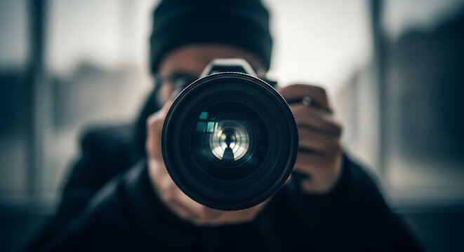A photographer wearing a dark beanie is holding a professional camera directly towards the viewer, focusing on the lens.