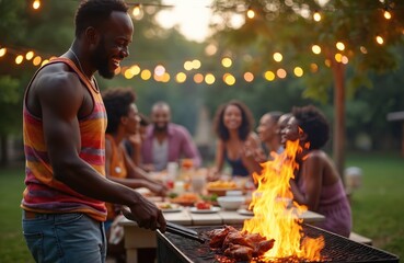 Black man grills meat for friends and family at outdoor Juneteenth barbecue. People laugh and smile around a table with food. Festive string lights glow at dusk.