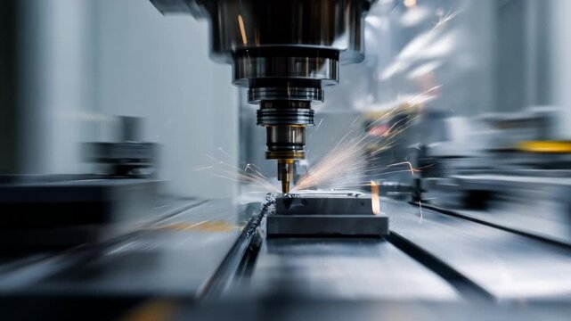 Focused medium frame on the multiaxis milling machine shaping PMMA crowns spotlighting the dynamic movement of the milling tools while the rest of the milling room fades out of
