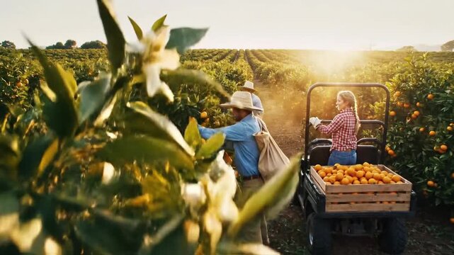 Farm workers harvest oranges during sunset in a citrus orchard