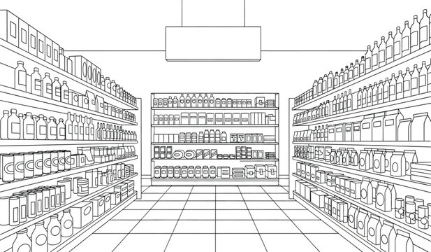 A black and white illustration of a large retail store with shelves stocked with various products