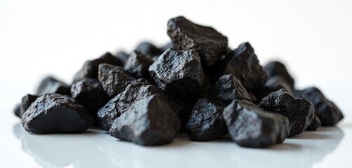 Obraz premium Heap of raw shilajit resin pieces on a white background. Natural mineral substance, dietary supplement ingredient. Organic health food material isolated.