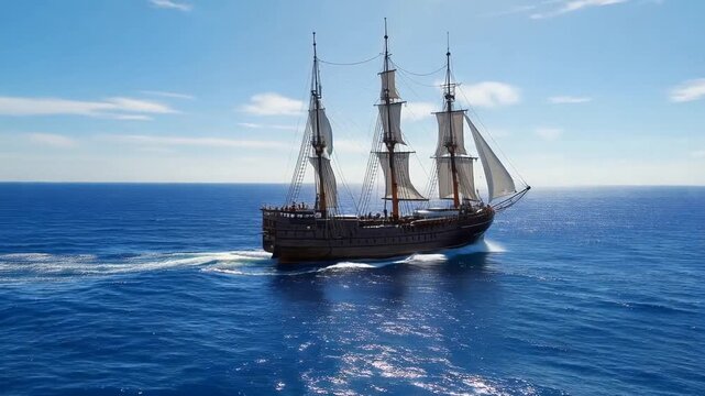 A large, old-fashioned sailing ship with three masts and billowing sails travels through calm, deep blue waters under a partly cloudy sky