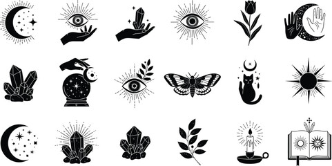 Mystical occult symbol icon set with moon, eye, crystal, hand, butterfly and magic elements vector illustration in black style © Shirina