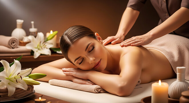 A peaceful woman enjoys a relaxing back massage at a luxurious spa, surrounded by candles.
