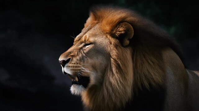 A male lion with a thick mane is captured in a fierce roar, showcasing his sharp teeth and powerful jaws against a dark background