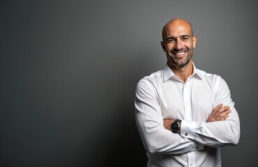 Bald man in white shirt with arms crossed smiles. Confident businessman poses in studio. Pro male looking happy, ready for success. Middle aged executive with alopecia.