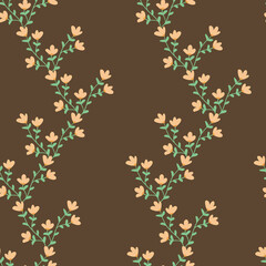 Fototapeta premium Seamless floral pattern, small cute flowers. Dark brown, cherry, green, blue background. for printing on fabric, paper, magazines, covers