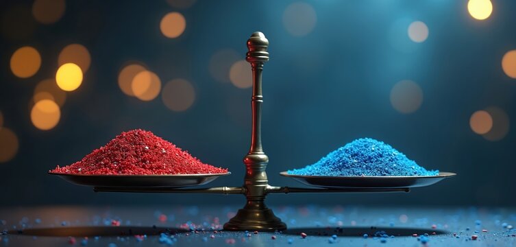 Balancing scales with red and blue granules show choice or decision. Metal balance weight measures equal amounts, representing options or conflict.
