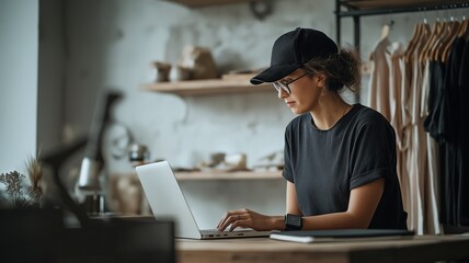 Small business owner managing online shop on laptop.