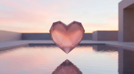 Fototapeta premium Heart shape reflecting light over water at sunset by a modern building on Valentines Day