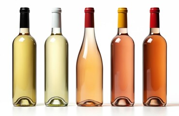 Obraz premium Five wine bottles stand in a row. Bottles contain white rose and red wine. Various cap colors like black white red and yellow. Clean product shots against white background.