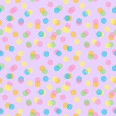 Seamless pastel polka dot pattern with overlapping colorful circles on a soft background, playful and cheerful.