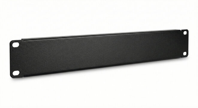1U black metal server rack blanking panel, perspective view isolated on a pure white background.