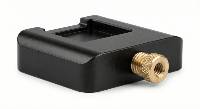 Black anodized aluminum cold shoe mount adapter with a 1/4-inch tripod screw for camera accessories.