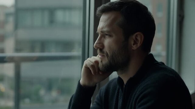 A man with short brown hair and a beard, wearing a black collared shirt, sits by a window with his hand on his chin, lost in thought