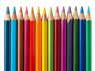 Fototapeta premium A colorful collection of sharpened colored pencils arranged in a row. Displaying a spectrum of colors and creative tools Isolated Transparent Background, PNG