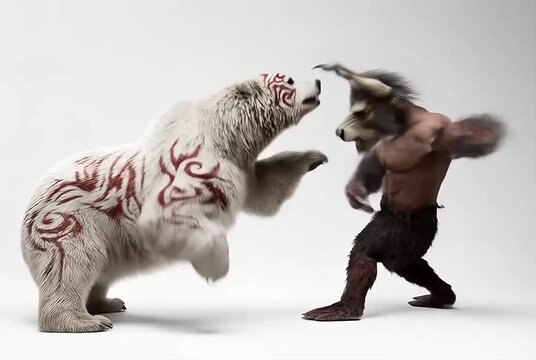 Massive white bear with intricate red tribal markings prowl-walking toward the camera, then cutting to a wide shot as the red-tattooed polar bear clashes in brutal hand-to-hand combo