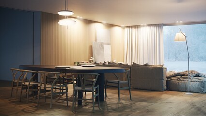 Modern interior with dining table and sofa. Winter snow view through window. 3D render